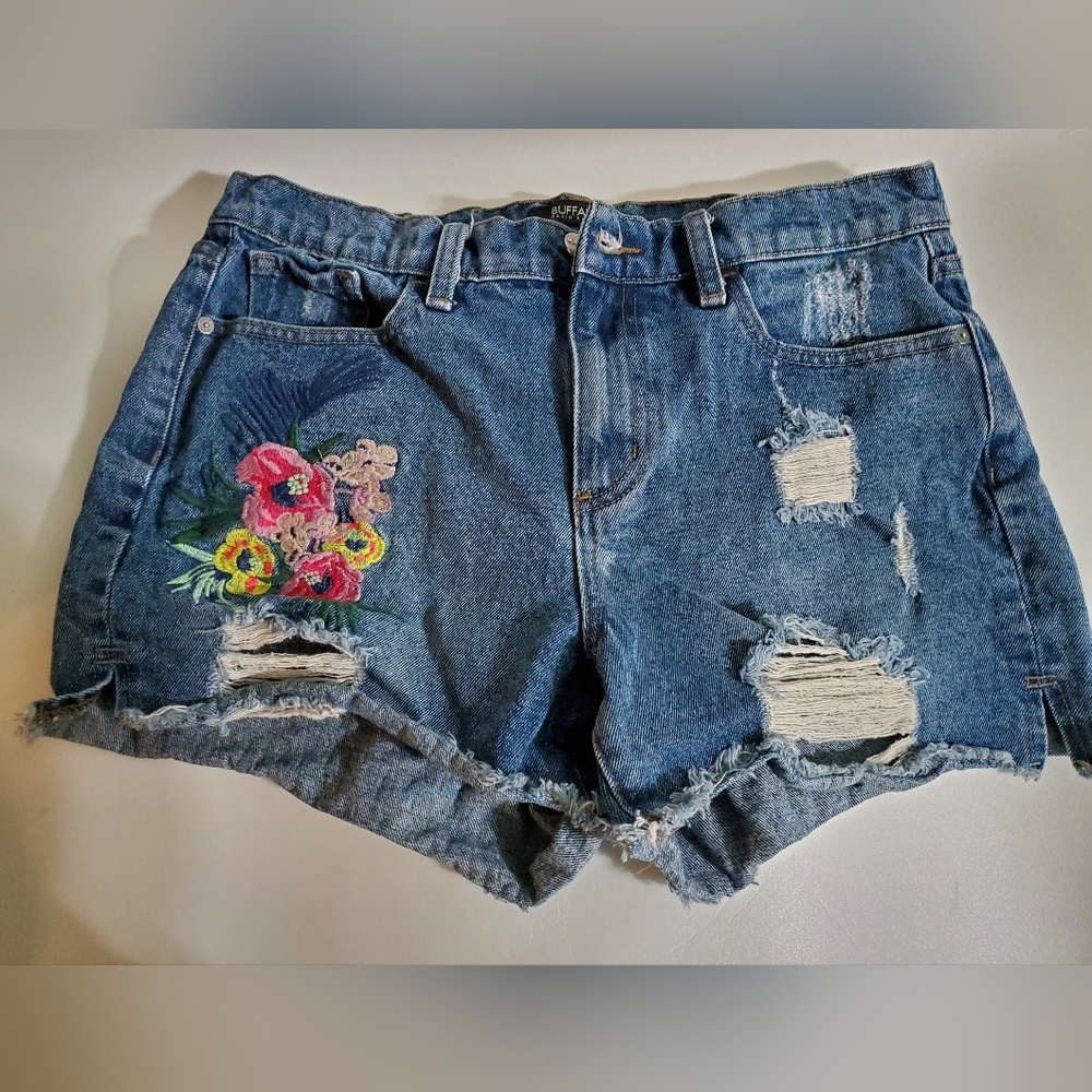 Buffalo Distressed Embroidered  Cut-off Blue Jean Shorts Size 30